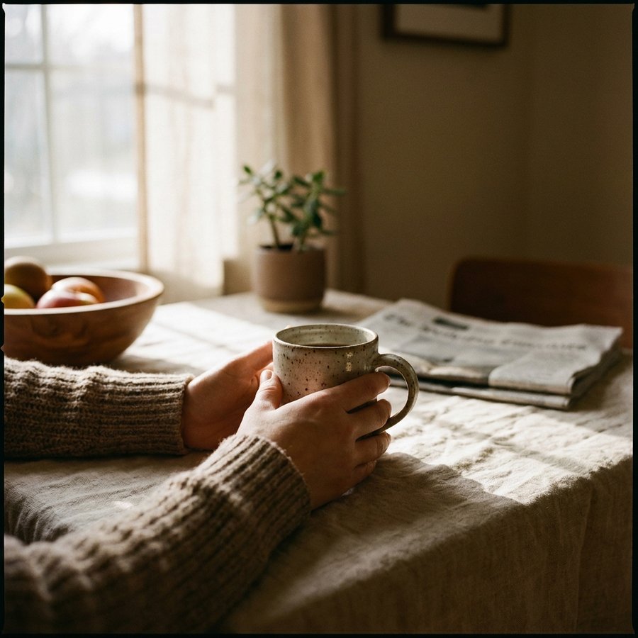A quiet morning ritual — hands cradling a ceramic coffee cup